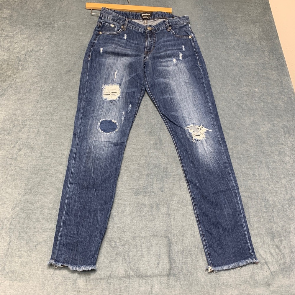 Bebe Jeans Women 28 Blue Denim Skinny Leg Medium Wash Outdoor Distressed Zip Fly